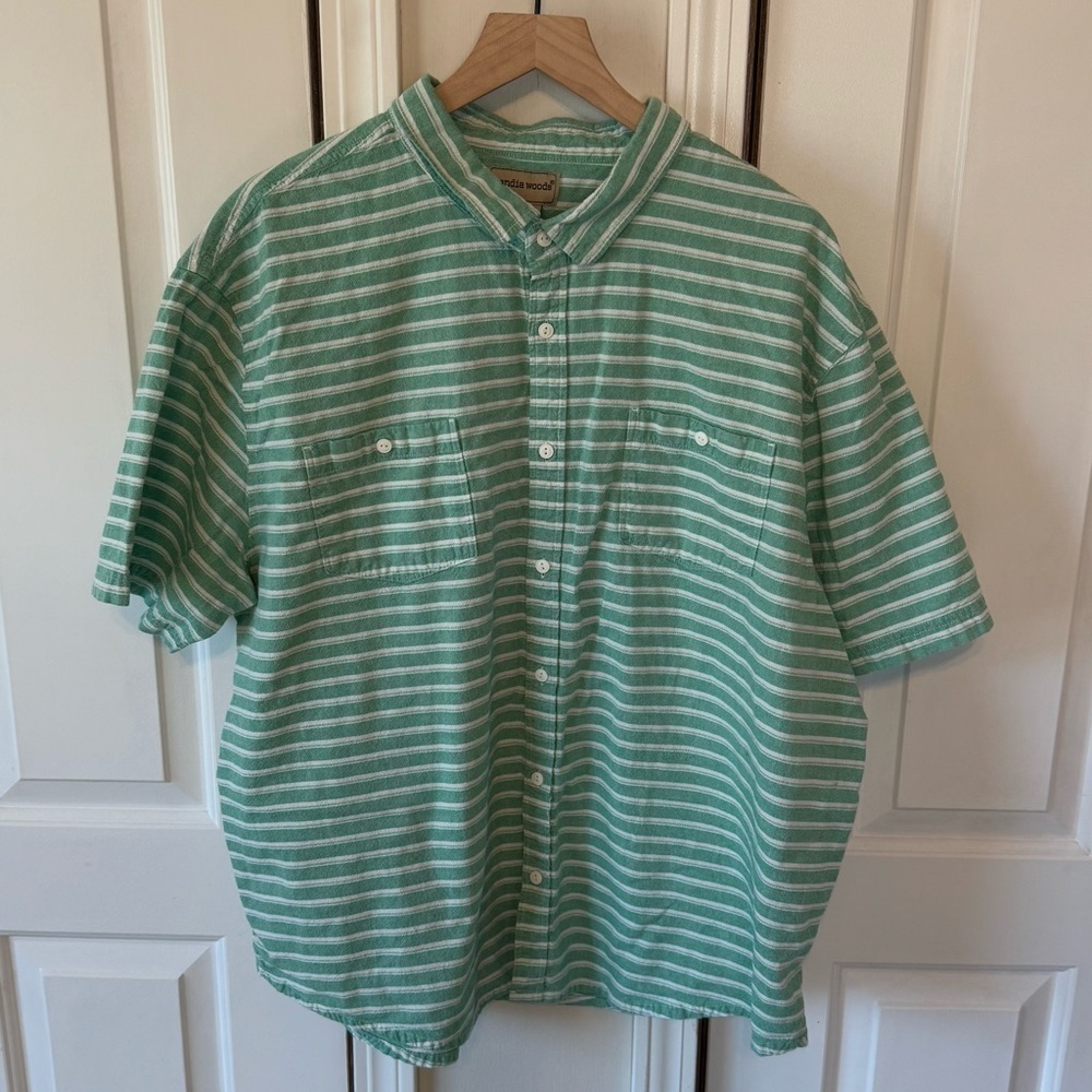 Scandia Woods Men’s Green/White Striped 100% Cotton Button Down Short Sleeve 2XL